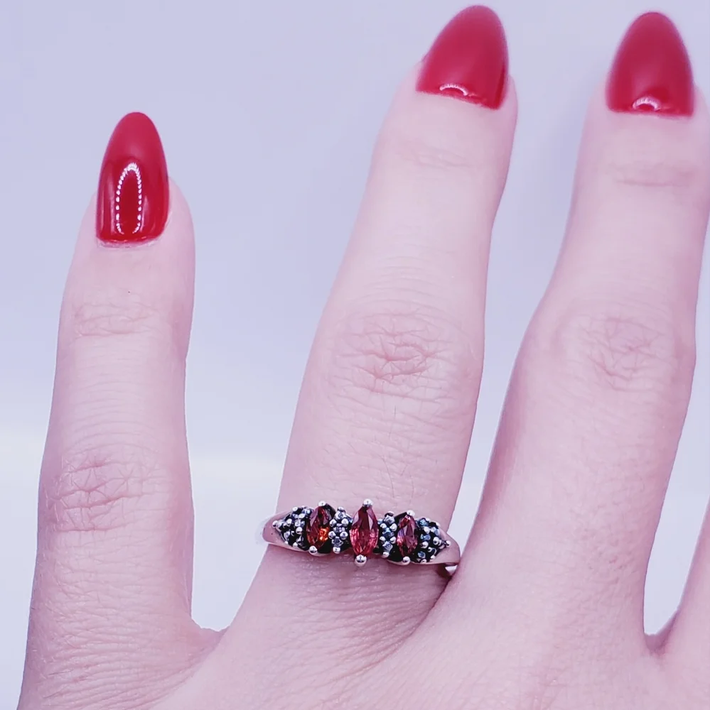 Genuine Red Marquise Ruby 925 Sterling Silver Three Stone Ring